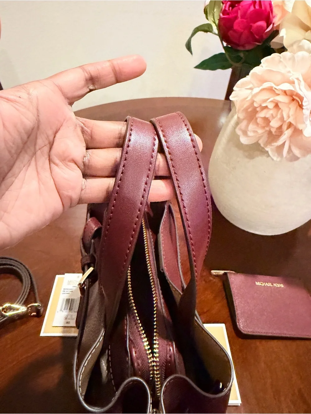 Michael Kors Pebbled Leather Satchel with Crossbody Strap & Card Case in Oxblood